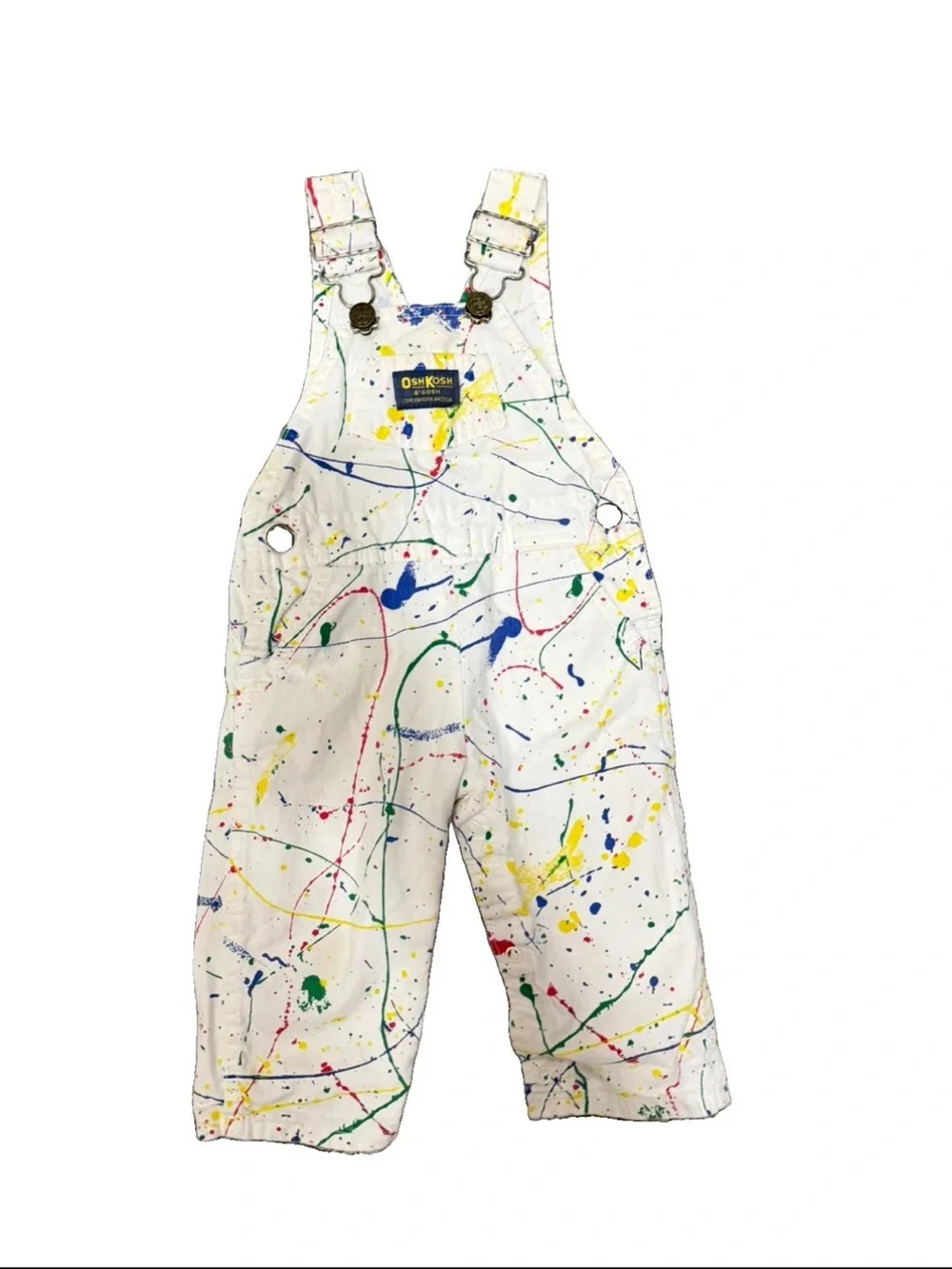 Vintage Oshkosh Overalls 18M Bibs White Paint Splatter 1990s Denim Cotton Multi